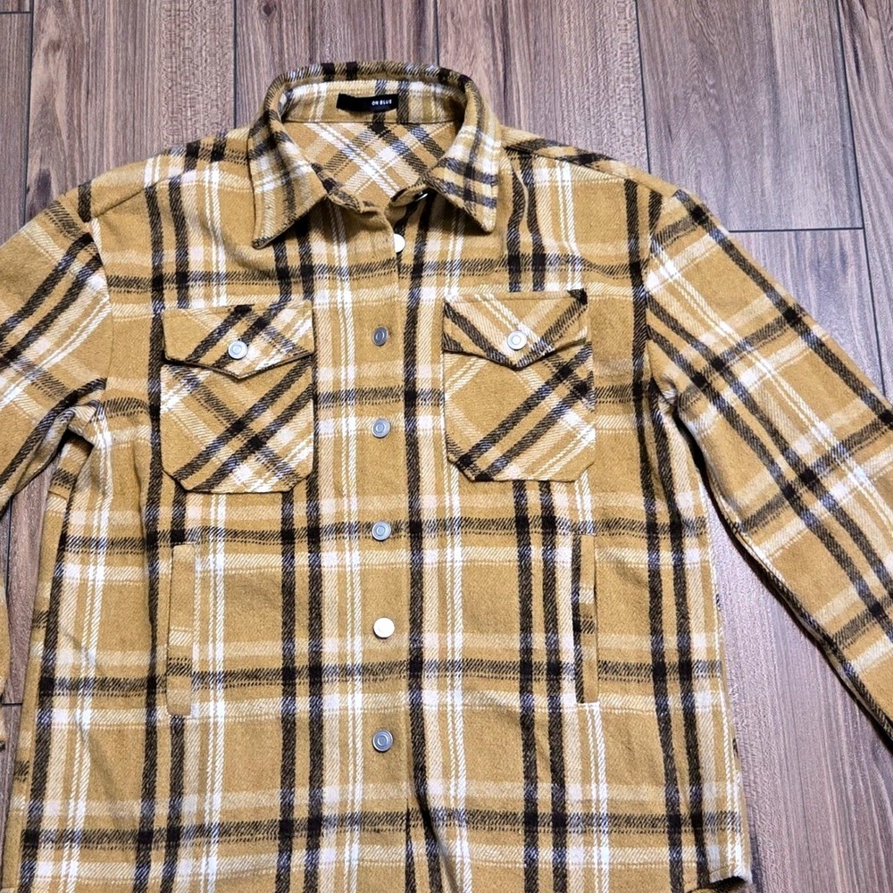 ON BLUE Plaid Flannel Shirt Shacket Jacket Warm Mustard Yellow Black White Med